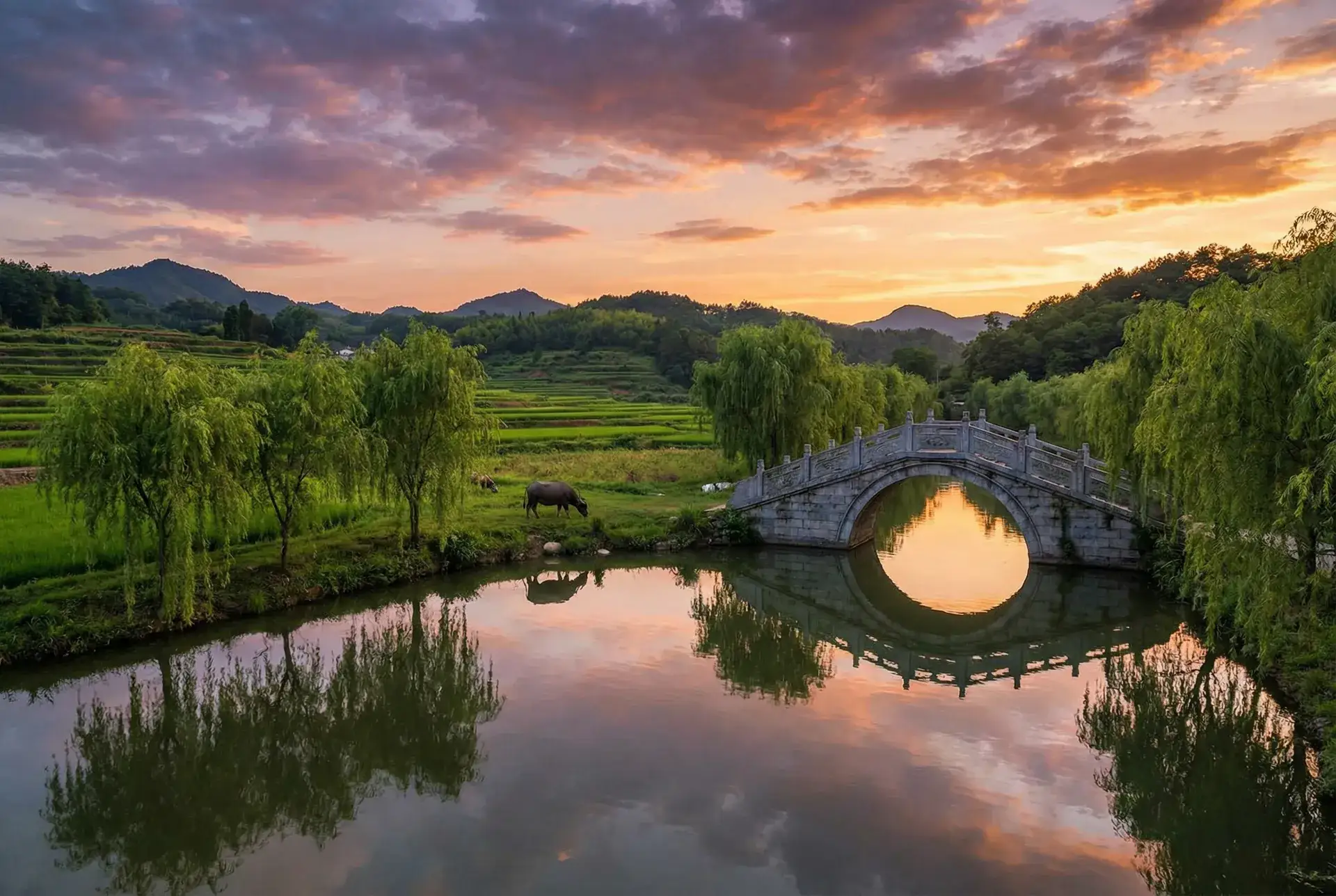 夕阳下的石拱桥与垂柳，水牛在河边吃草 - 免费电影在线观看 乡村美景